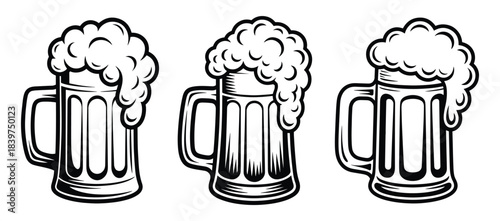 Frothy beer mugs illustrated in a classic black and white line art style, Vintage-style beer mugs overflowing with foamy heads, perfect for a rustic or pub aesthetic, Vector illustration