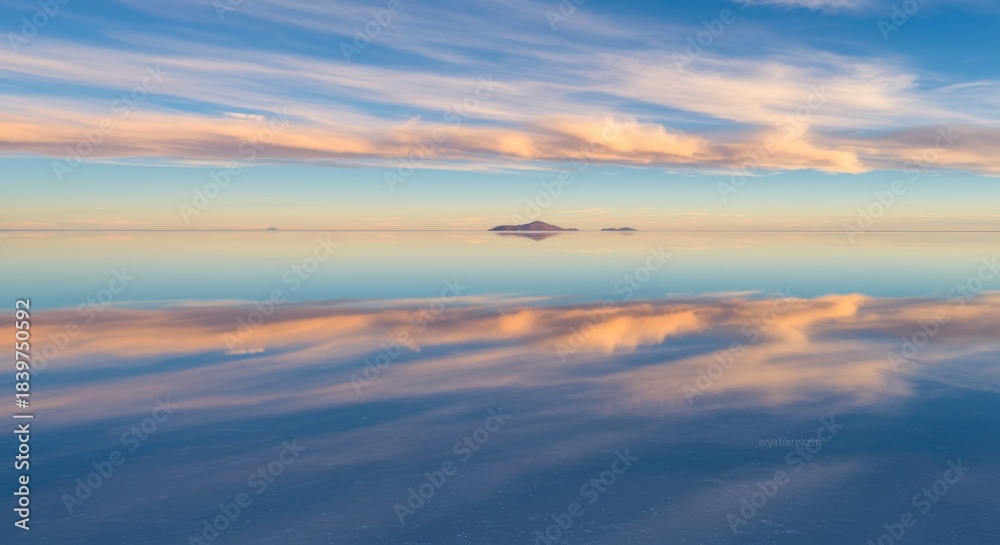 Obraz premium Stunning Sunset Reflection on Uyuni Salt Flat with Distant Island.