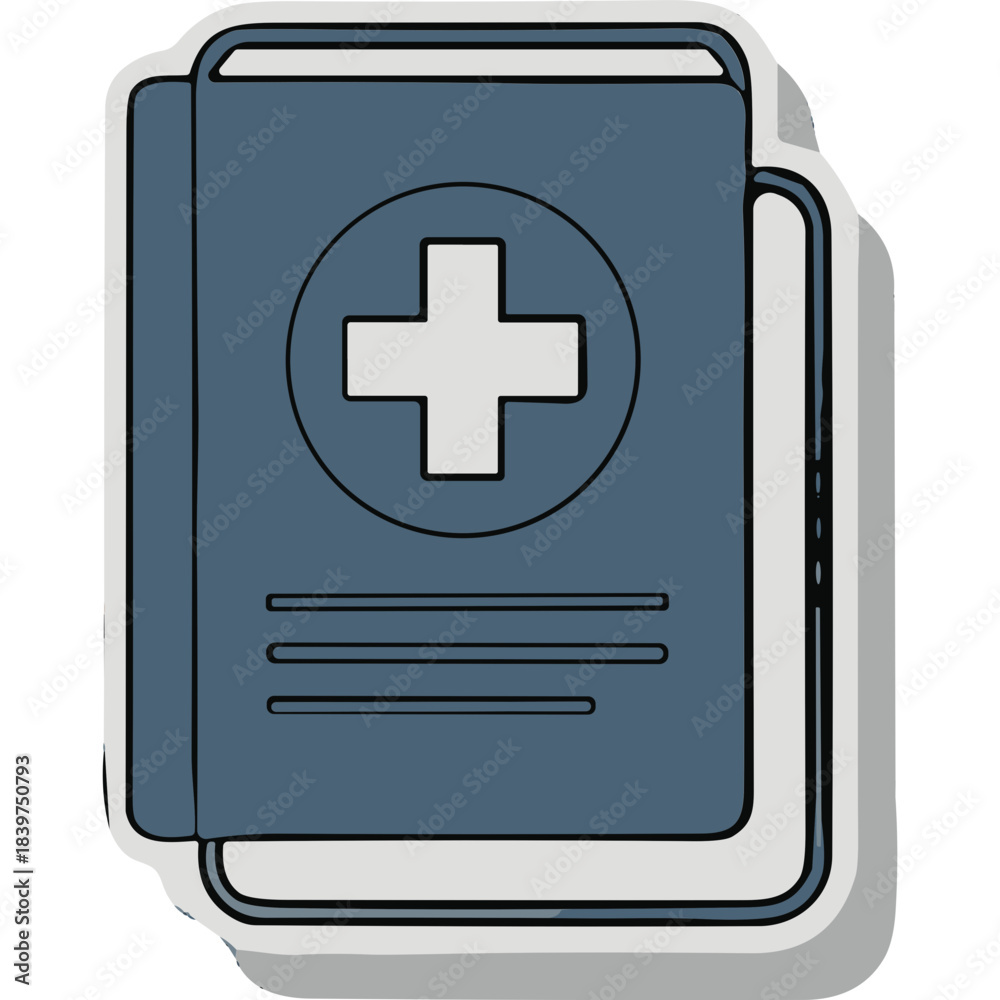 Fototapeta premium Blue Medical Record Folder With White Cross Symbol And Lines Representing Text In A Stylized Illustration On White Background
