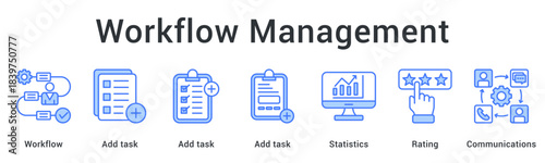 Workflow management streamlining task assignments with statistics tracking and rating through effective communications. icon sheet multiple style collection
