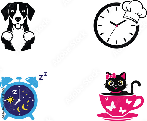 Cute animal and clock illustrations including dog portrait, chef hat clock, sleeping alarm clock and adorable cat in teacup graphic design set