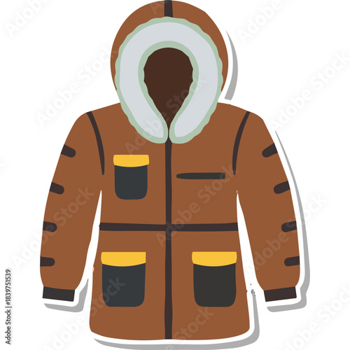 Brown hooded winter parka jacket with fur trim and yellow pocket details isolated on white background perfect for cold weather outdoor activities and fashion illustration
