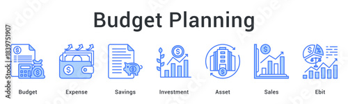 Budget planning allocating expenses and savings toward investments and assets tracking sales and operational earnings.