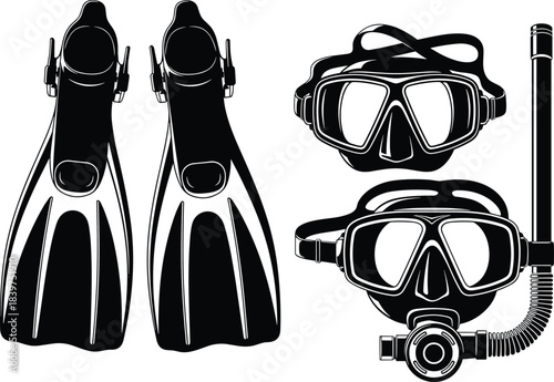 Diving gear illustration set, snorkel mask and fins, scuba breathing equipment, underwater swimming tools, ocean adventure accessories vector collection