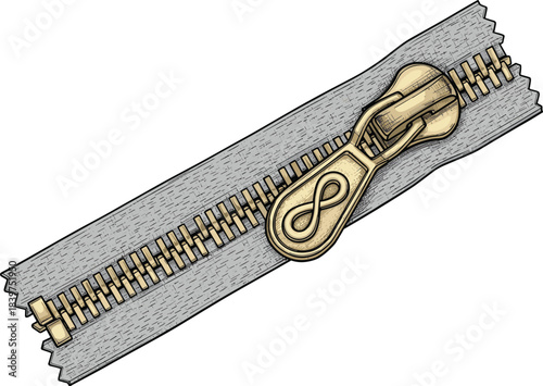 Detailed illustration of metal zipper on fabric strip, realistic zip fastener design for clothing, tailoring, fashion accessories and textile manufacturing