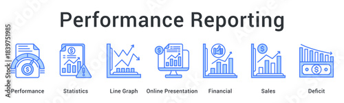 Performance reporting displaying statistics and graphs in online presentations showing financial sales and deficit analysis.