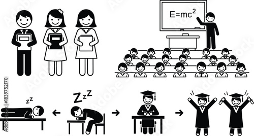 Education and student icons, classroom teacher illustration, learning process visuals, graduation success pathway, academic achievement symbols for school, study, and teaching graphics