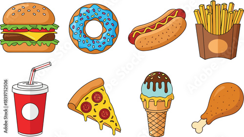 Fast food illustration set featuring burger, donut, hotdog, fries, soda, pizza slice, ice cream and chicken drumstick in colorful cartoon style