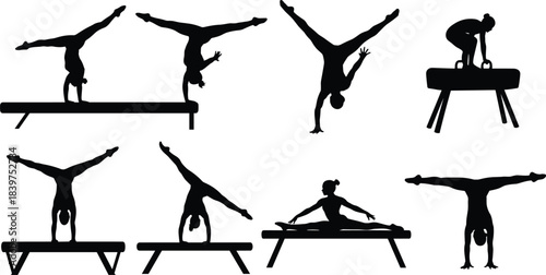 Gymnastics silhouette collection showing athletes performing beam, handstands, pommel horse, splits, and acrobatic movements for sports training, competition, fitness, and flexibility concepts