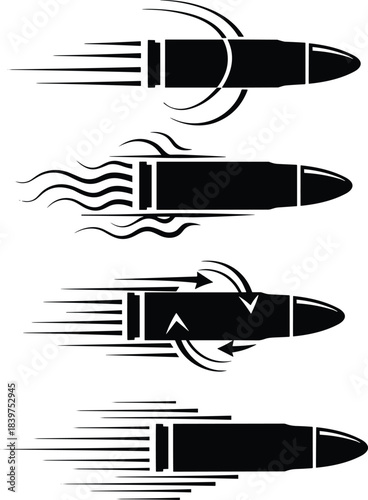 High speed bullet motion silhouette illustration, dynamic flying ammo icon with motion trails, fast projectile graphic for action design
