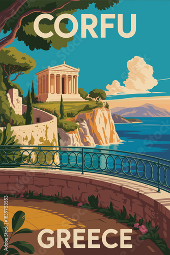 Corfu poster travel Greece, featuring the old fortress, classical temple details, Mediterranean scenery, and European charm, designed in vintage style vector illustration