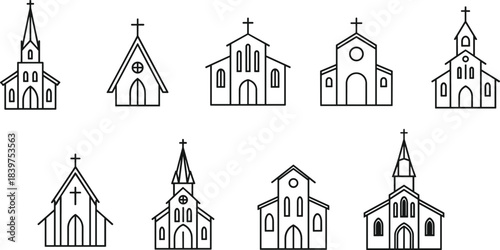 Minimalist line art church icons collection, simple religious building illustrations, outline chapel symbols for design projects, faith architecture graphic set