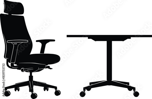 Modern ergonomic office chair and rolling table silhouette illustration for workspace design, business interiors, furniture concepts, corporate office equipment and professional environments