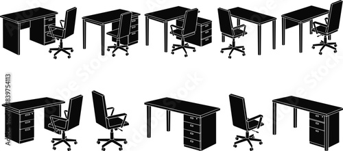 Office, furniture, silhouette, desk, chair, swivel, black, workspace, setup, configuration, ergonomic, formal, business, equipment, interior, workplace, design, collection, professional, graphic