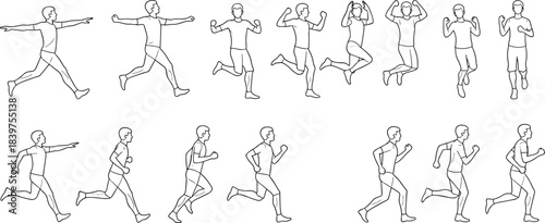 Set of running and jumping male figure sketches showing athletic movement poses for sports illustration, animation reference, fitness training and motion studies