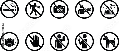 Set of prohibition signs showing no smoking, no littering, no photography, no noise, hygiene restrictions, safety warnings and general public rule icons