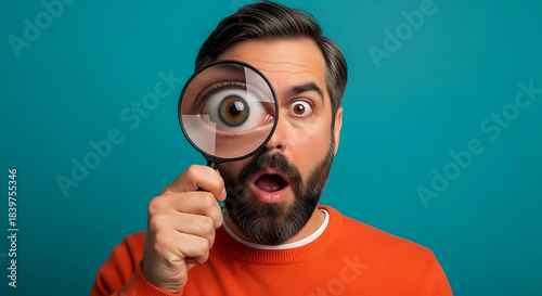 Man with beard holds magnifying glass over eye with surprised expression image