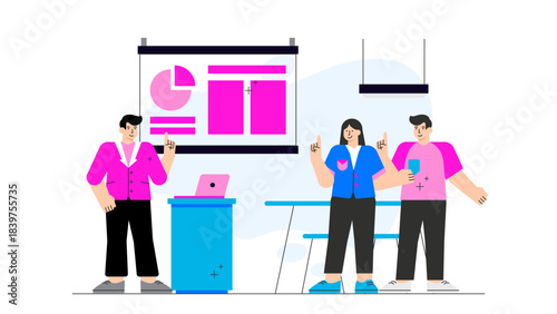 Business team giving public presentation Flat Vector Illustration