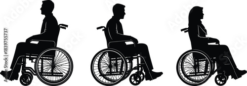 Silhouette illustration of diverse people sitting in wheelchairs, representing disability support, mobility assistance, healthcare accessibility, rehabilitation concept and inclusive design