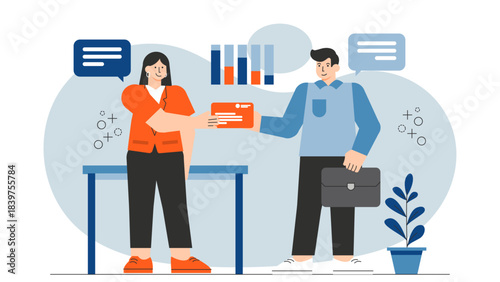 Business people exchanging business cards Flat Vector Illustration