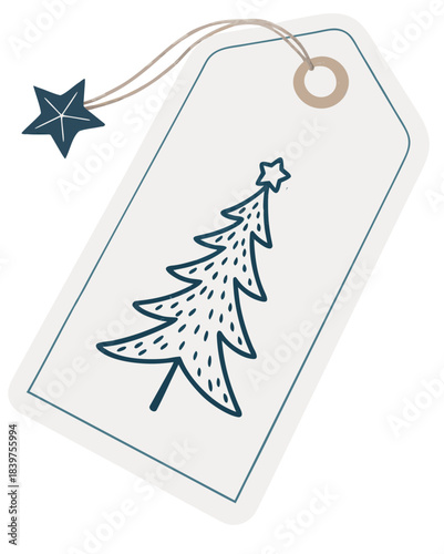 minimal rectangular gift tag, round punched hole, thin outline, tiny star or tree icon in corner, clean Scandinavian style, isolated on white, vector flat icon

