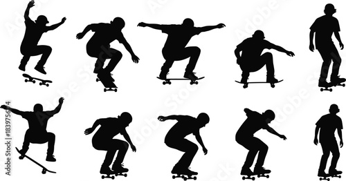Silhouette skateboarder performing various skate tricks and jumps in action poses on skateboard, extreme sport illustration for design and motion graphics
