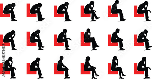 Thinker, silhouette, people, sitting, pose, contemplation, introspection, black, red, chair, grid, mental, focus, concept, design, emotion, posture, graphic, minimal, repetition, variation