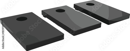 Three black rectangular blocks with circular holes, industrial component illustration, 3D isometric hardware parts, mechanical object graphic for manufacturing