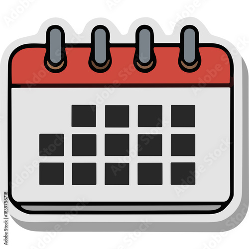 Calendar Icon with Red Top and White Page Showing a Grid of Squares Indicating Dates on a White Background Vector Art