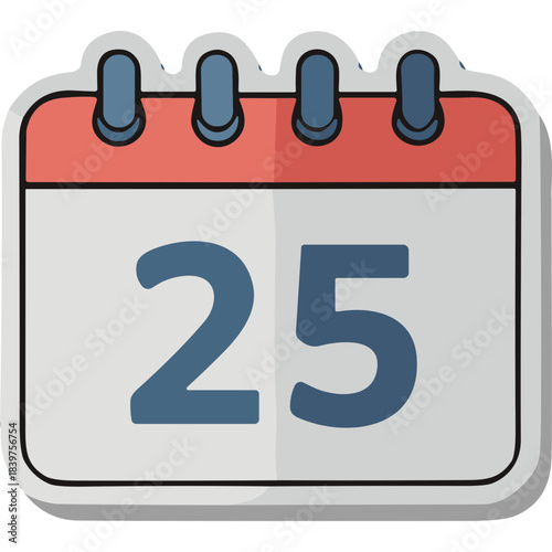 Calendar Page Showing the Number 25 in Blue with a Red Top Border and Gray Background and White Outline Design Element for Important Date Tracking