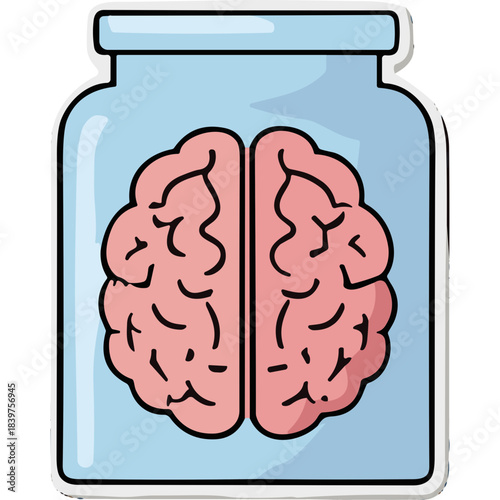 Cartoon Brain Preserved In A Glass Jar Filled With Light Blue Liquid On A White Background Minimalist Style