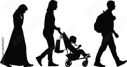 Walking family silhouette with parents, child in stroller, and woman figure representing daily life, travel, relationships, parenting, lifestyle, and people illustration