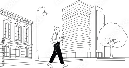 Woman walking in city street, modern urban buildings, coffee cup, street lamp, tree, architectural line art illustration for stock
