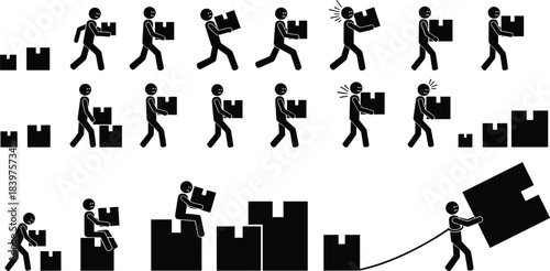 Worker carrying heavy boxes silhouette illustrating lifting, pushing, dragging and injury risk movement sequence for labor safety, ergonomics and workplace hazards