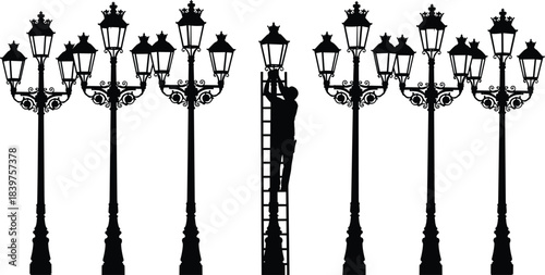 Worker fixing traditional street lamp on tall ladder, vintage lamppost silhouette illustration with ornate lanterns and maintenance scene for city lighting