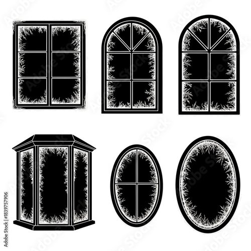 Illustration of various black and white window designs with silhouettes and framing details for