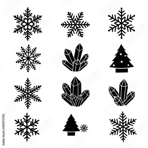 Minimalist Black and White Winter Holiday Snowflake and Christmas Tree Icons Set