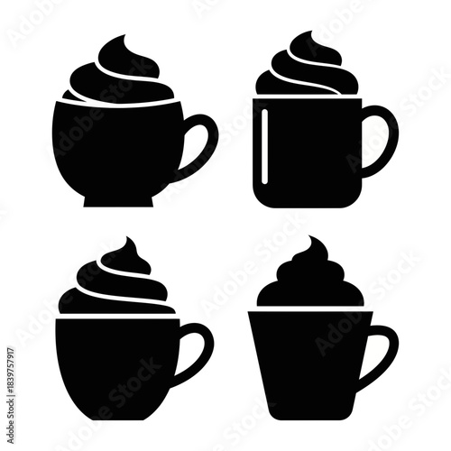 Minimalist Coffee Cup Icons Set Featuring Different Mug Designs with Cream and Foam Toppings