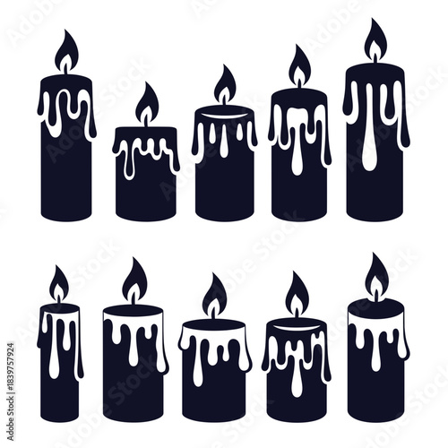 Minimalistic black and white illustrations of five lit candles with dripping wax in a stylish