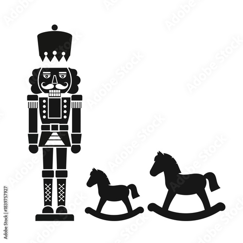 Minimalist Illustration of a Traditional Nutcracker Doll with Two Toy Horses in Black and White