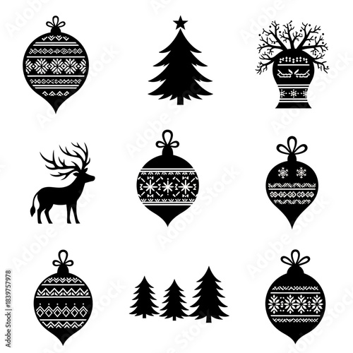 Set of black holiday Christmas ornament icons with pine trees and reindeer for winter seasonal