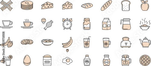 Breakfast food icons collection including bread, coffee, fruits, eggs, drinks, dairy, and snacks illustrated in simple line and color vector style