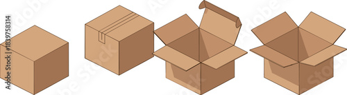 Cardboard box illustration set showing closed, sealed, and open packaging boxes in isometric style for shipping, delivery, storage, and logistics concepts