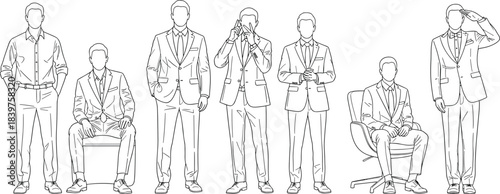 Businessmen, poses, collection, line, art, illustration, professional, men, suits, standing, sitting, gestures, corporate, office, people, outline, vector, design, black, white
