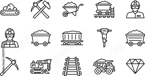 Heavy Industry Mining and Quarrying Icons Set: Coal Ore, Worker, Pickaxe, Drill, Rail Cart, Dump Truck, and Diamond Outline Vector Collection