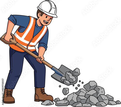 Cartoon construction worker shoveling rocks wearing hard hat and safety vest, illustration representing labor, industry, teamwork, building projects and outdoor job activities