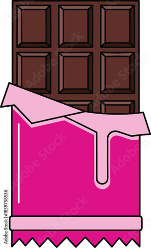 Chocolate bar illustration with pink wrapper partially opened, sweet dessert candy icon for food packaging, snack design, confectionery artwork and branding