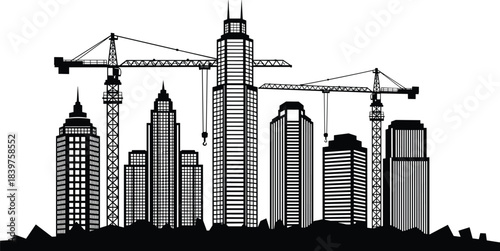 City skyline under construction with cranes, modern buildings silhouette, urban development illustration, architecture growth scene perfect for engineering and construction design projects