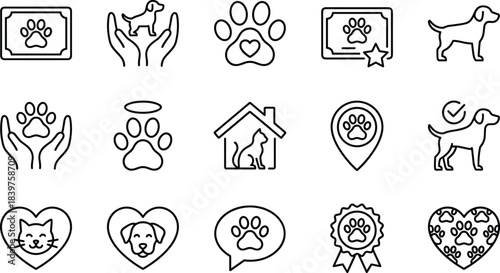 Pet Care and Adoption Line Icons Set: Dog and Cat Paw Prints, Shelter, Animal Love, Health and Protection Service Symbols
