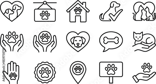 Loving Pet Care and Adoption Icons Set: Dog, Cat, Paw Print, Heart, Home, Veterinary Check, and Rescue Outline Vector Collection